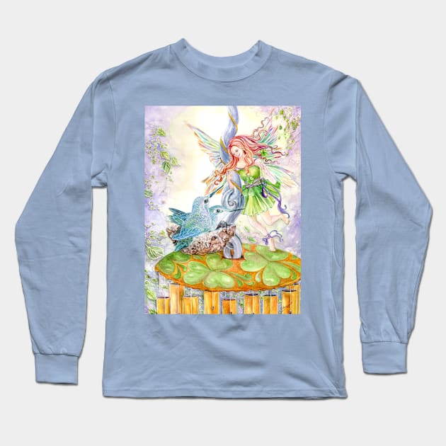 Shamrock Fairy with Hummingbirds Long Sleeve T-Shirt by cristinahansen